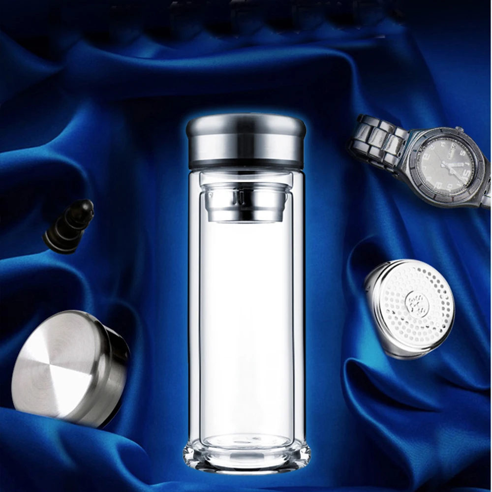 Leak-Proof Double Glass Water Bottle 320ml Drinking Teapot Travel Tour Circular Transparent Bottles With Tea strainer | Дом и сад