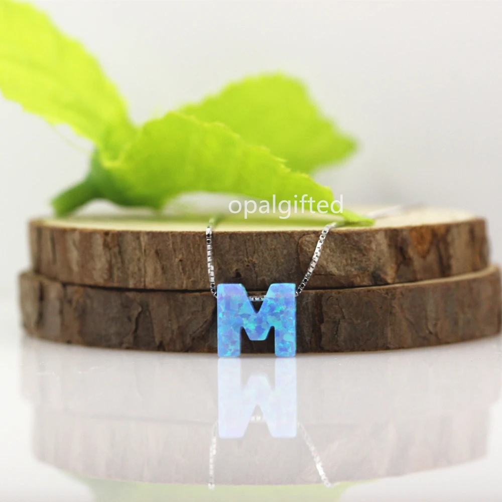 (1pc/lot)Free Shipping 10.8*10mm OP06 Fire Blue Synthetic letter M opal with 925 Silver box chain Fashion necklace | Украшения и