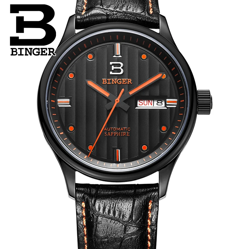 Switzerland men's watch luxury brand Wristwatches BINGER business Mechanical men watches leather strap Water Resistance B5006 | Наручные