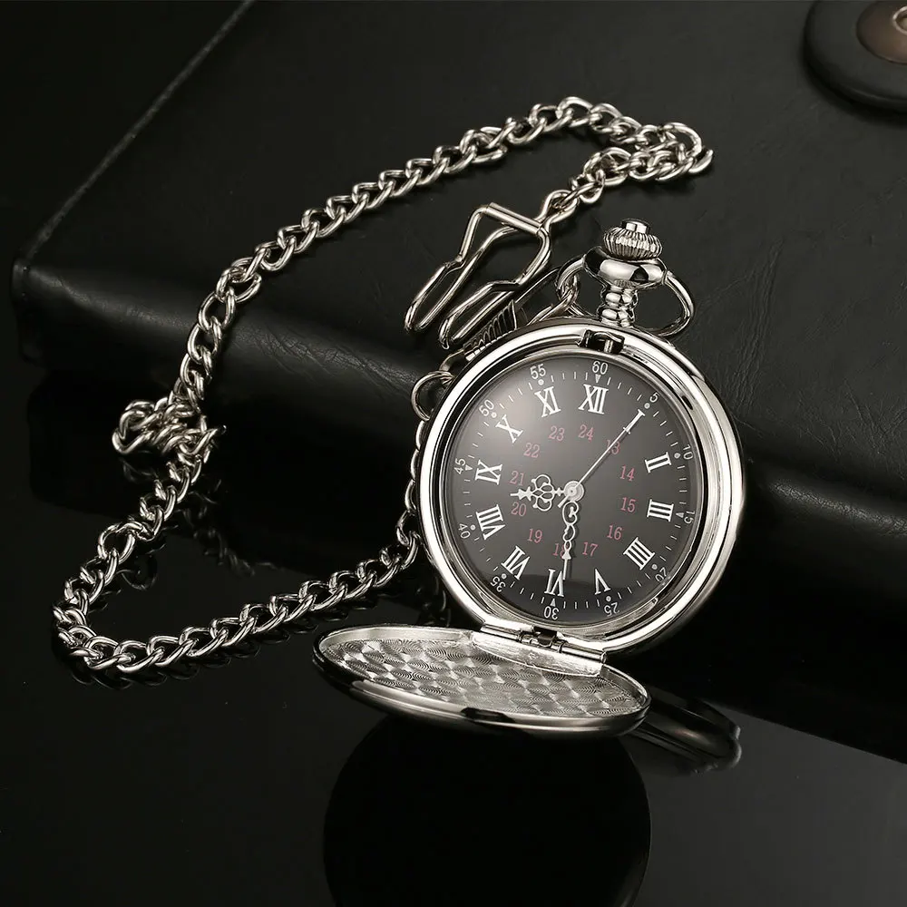 Personalized Retro Smooth Men Black Pocket Watch Silver Polish Quartz Fob Pocket Watches Pendant with Chain Custom Engraved Gift