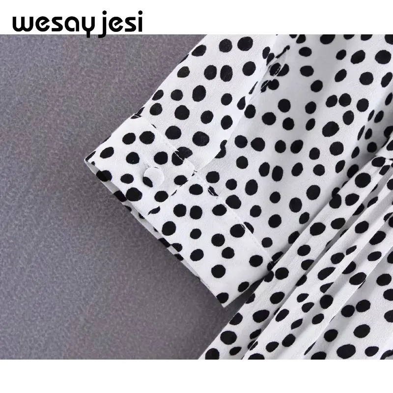 Летнее весеннее платье для женщин vestidos ТРАПЕЦИЕВИДНОЕ платье в горошек с оборками до середины икры и круглым вырезом с длинным рукавом vestidos de fiesta платье для вечеринок