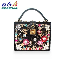 fashion prom evening bag diamond flower clutch bag hollow relief acrylicpu ballot lock luxury handbag banquet bag party purse