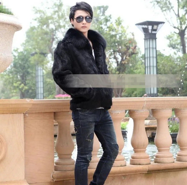 

2017 New Men Genuine leather Rabbit fur coat Fox collars men's Fur integrated Winter Jacket Slim winter coat man