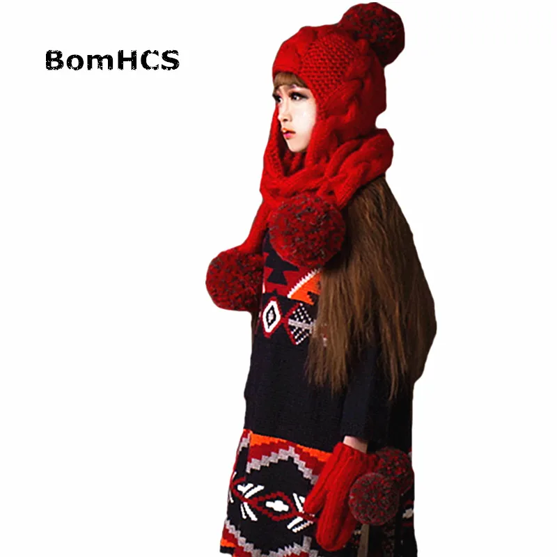BomHCS Red Beanie with Scarf + Gloves (2PCS SUIT) Cute Women Winter Warm Handmade Knit Hat Caps