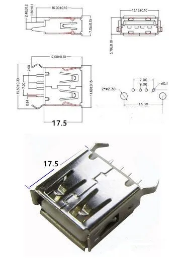 

USB A Female PCB Mount Connector - Long 17.5MM Vertical Standing 180,new and original