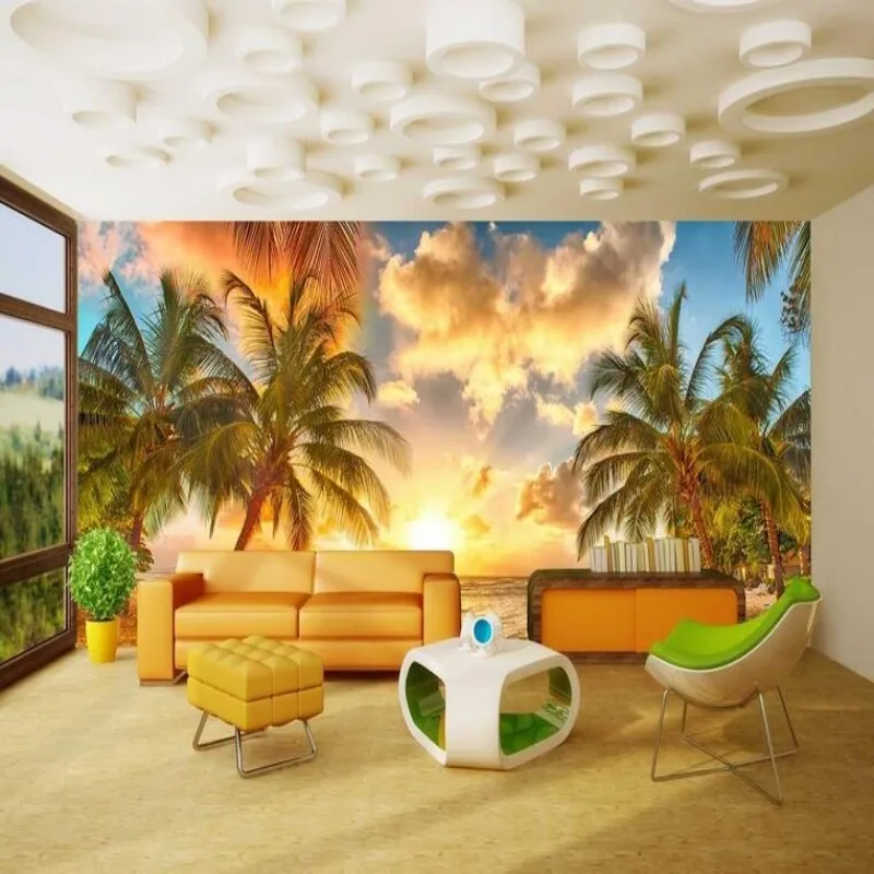 

Обои для гостиной, ТВ фон, закат, пляж, кокос, закат, фото, обои для стен 3 d