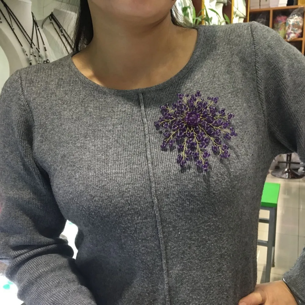 Новейший дизайн 4 дюйма мм пурпурные аметисты бусины брошь в форме цветка |