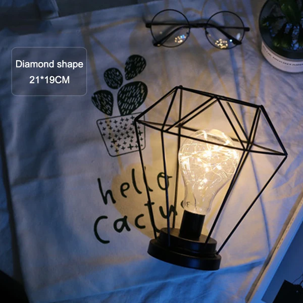 diamond shape Xsky Скандинавская Ретро Настольная лампа черный железный минималистичный медный провод ночной Светильник креативный 3D винтажный кованый светильник на батарейках - Цвет абажура: diamond shape