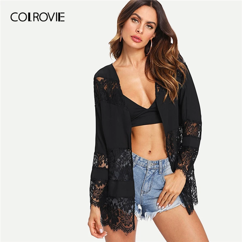 COLROVIE, черный, однотонный, кружевной, с вышивкой, открытый перед, Женский Повседневный Кардиган, пальто,, летнее, с длинным рукавом, с вырезом, прозрачное, сексуальное пальто