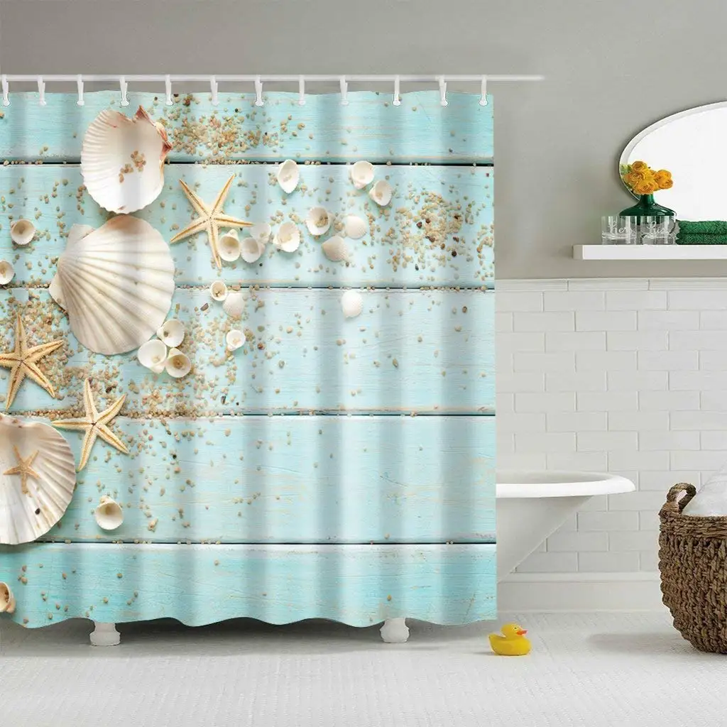 

Sea Shells Starfish Sand on Rustic Turquoise Wooden Board Ocean Beach Theme Art Print Bath Curtain