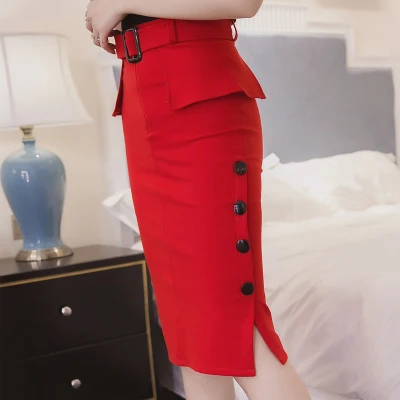 Fashion New 2019 Autumn Winter High Waist Midi Skirt Red Black Bodycon Pencil Skirts Buttons Open Slit Elegant Womens | Женская одежда