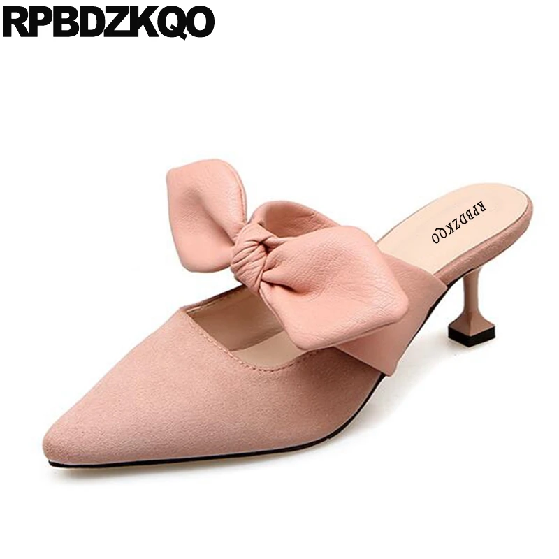 

Female High Heels Kawaii Pumps Size 4 34 Pointed Toe Ladies Kitten Shoes Bow Suede Sandals Mules Slipper Pink Medium Chinese