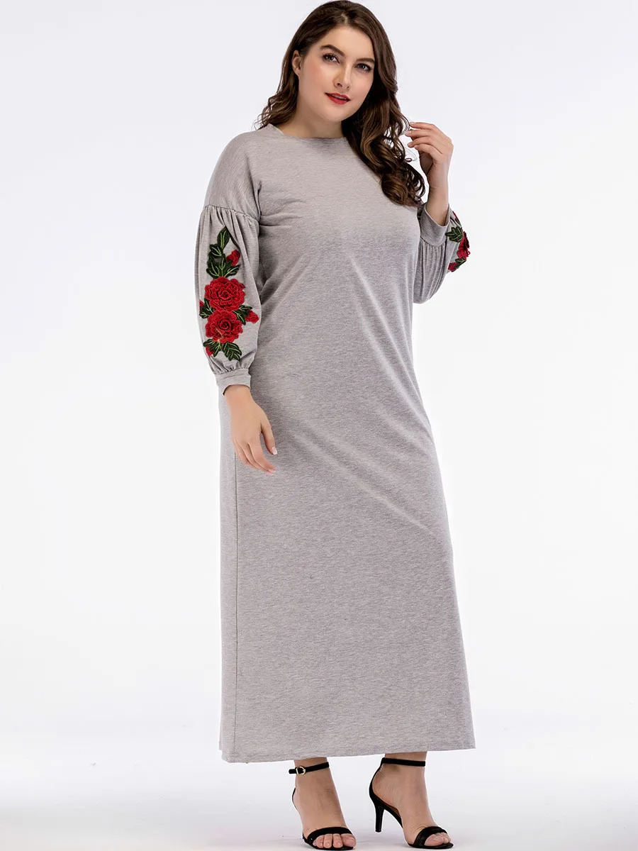 Мусульманское abaya для женщин Весна Осень длинное платье цветы серый кафтан