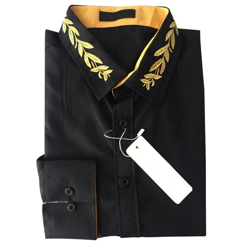 Мужская рубашка с вышивкой HEFLASHOR черная приталенная длинным рукавом и отложным