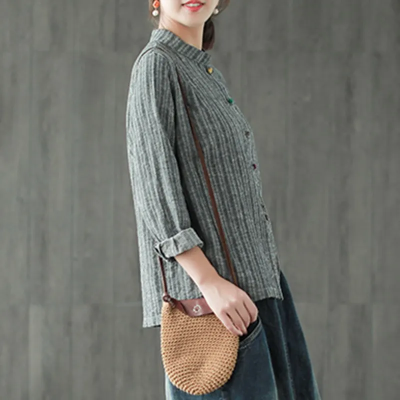 Mferlier Women Blouse Stand Collar Long Sleeve Panelled Colorful Buttons Cotton Linen Artsy Ladies Autumn Blouse