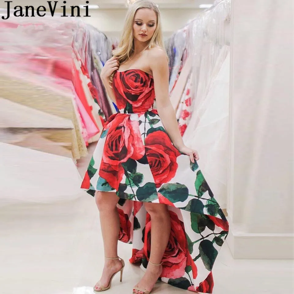 

JaneVini Floral High Low Prom Dresses Strapless Red Rose Print Flowers Gala Dress Short Front Long Back Party Gown Vestidos Prom