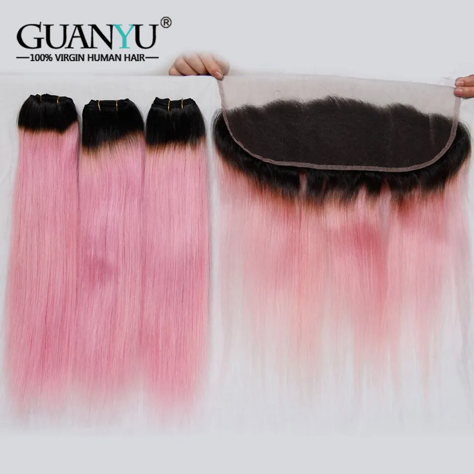 Guanyuhair# 1B/розовый прядь волос с покраской Омбре 3 Связки с 13x4 кружева Фронтальная застежка уха до уха Бразильский прямые волосы Remy человеческие волосы