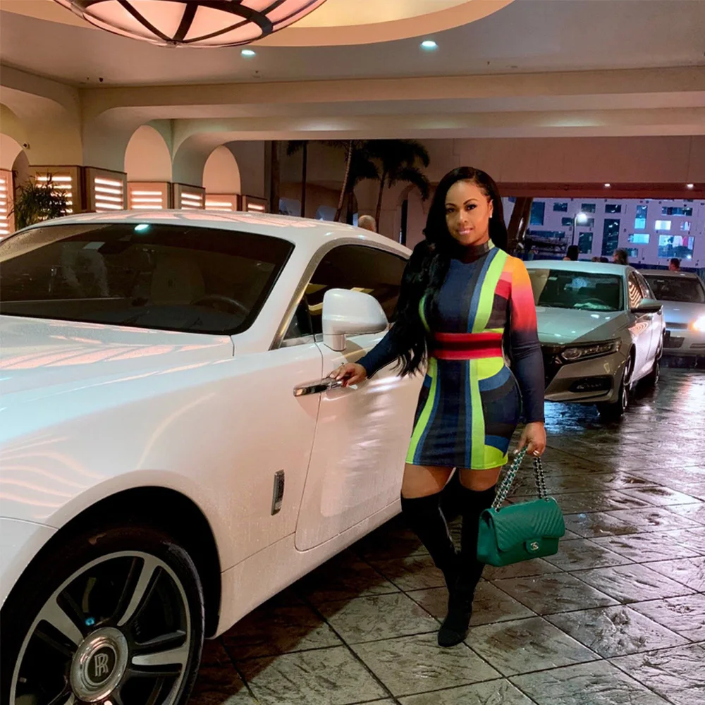 Платье-футляр с геометрическим принтом высоким воротом и длинным рукавом |