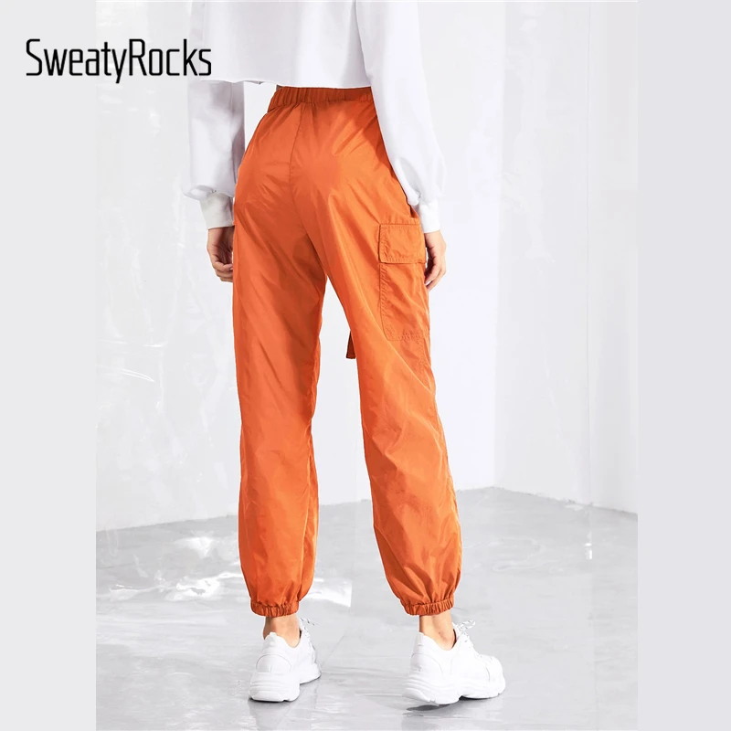 SweatyRocks нажимная Пряжка, пояс, передний карман, боковые брюки, одноцветные, повседневные, оранжевые, зауженные брюки, весна, женские брюки для активного отдыха
