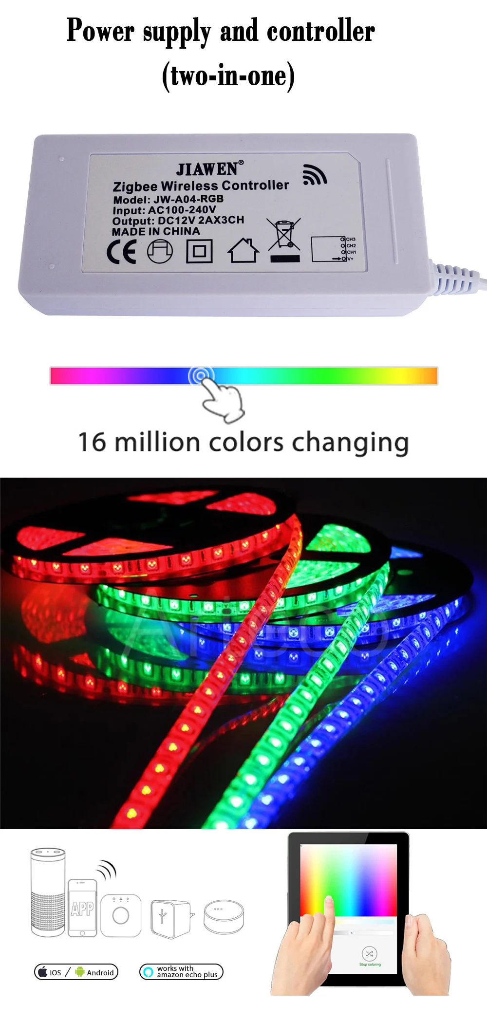 Jiawen ZigBee контроллер работает с крупными мостами/шлюзами для RGB/CT/RGBW DC 12 V светодиодные ленты