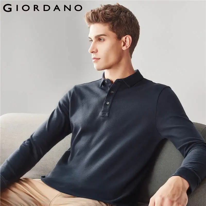 Giordano Мужская рубашка поло мужская однотонная тонкая с длинным рукавом пике