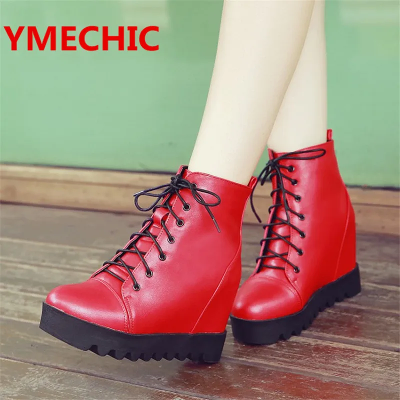 Женские ботильоны на танкетке YMECHIC черные серые со шнуровкой осенние женские