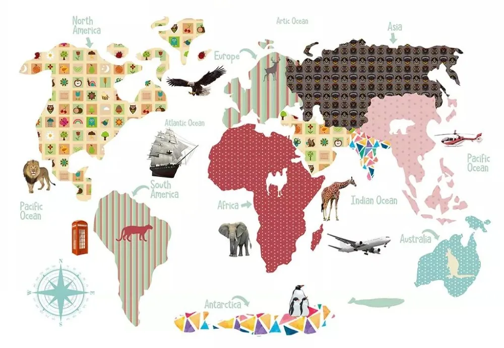 Мультфильм Рисованные буквы карта мира дети Фон настенная живопись|Обои| |