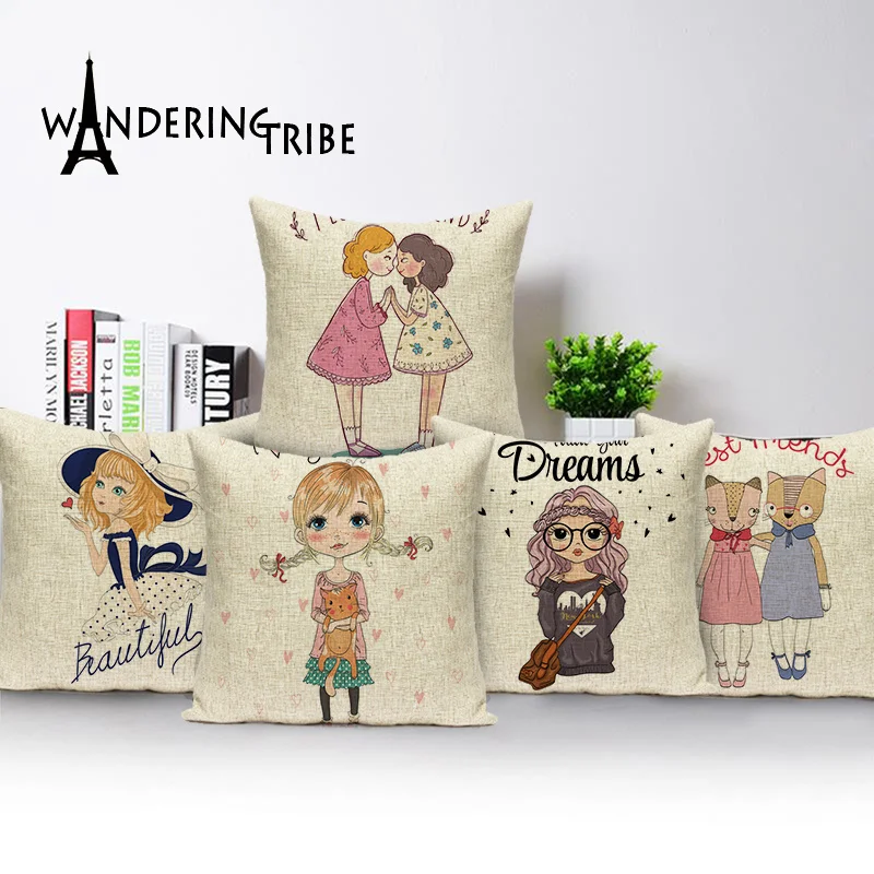 

Cartoon Little Sister Style Pillow Case Pillowcase Little Girl Pattern Decorative Cushions For Sofa Home Kissenbezug 45 X 45Cm