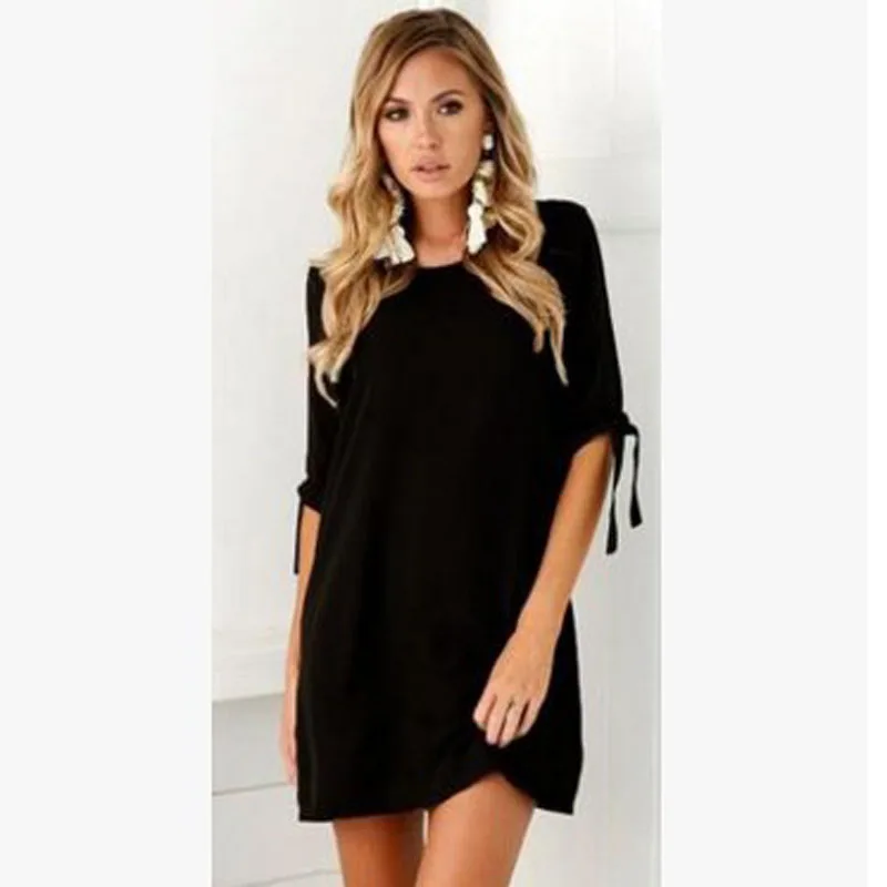 summer dress 2019 New moda feminina Solid color Casual Dresses Round Neck Short Sleeve Loose Bow Women's Vestidos Plus Size | Женская