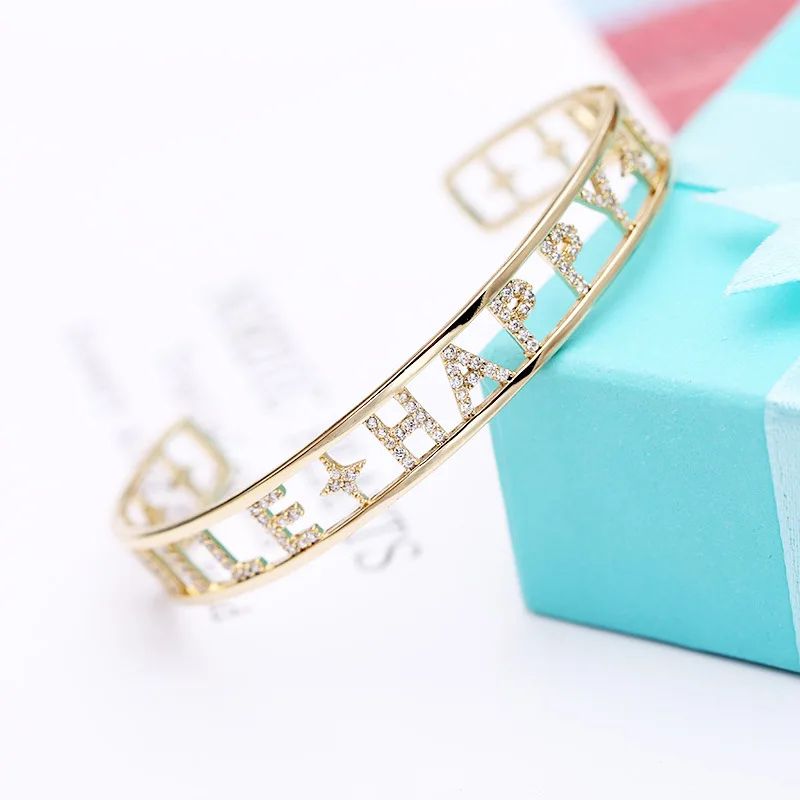 gold Розовые золотые, серебряные, полые буквы с кристаллами браслеты на счастье круг медный браслет женские браслеты ювелирные изделия Прямая поставка - Окраска металла: gold