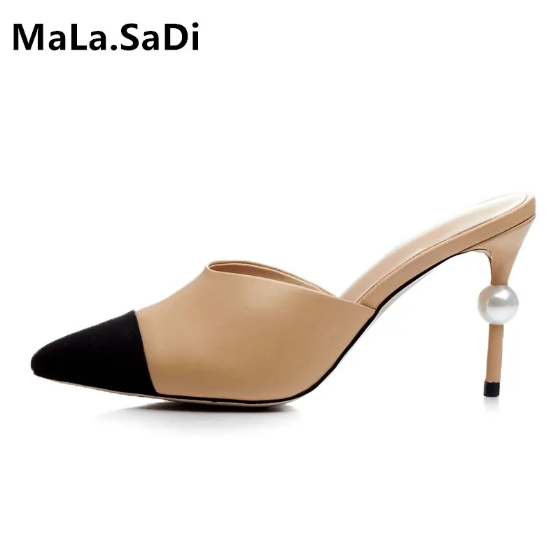 

2019 New pearl mules pointed toe high heels Office Lady Pumps slingback Shoes women sandals runway mixed colors fashion slippers