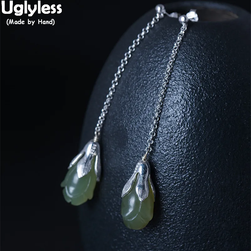 

Uglyless Real 925 Sterling Silver Magnolia Earrings for Women Natural Jade Flower Long Earrings Ethnic Vintage Brincos Bijoux