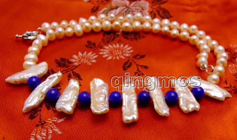 Розовый круглый натуральный жемчуг 6-7 мм Biwa 15-25 и синие бусины 6 17 дюймов Necklace-nec6170 -