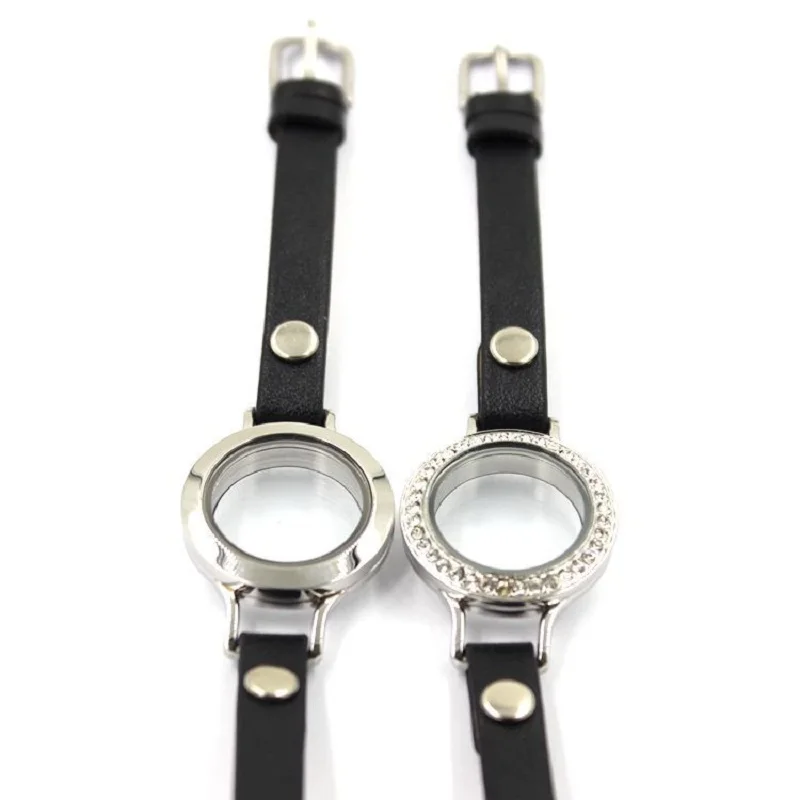 

5PCS alloy 30mm screw floating glass locket bracelets adjustable black leather bracelet fit memory locket charm jewelry