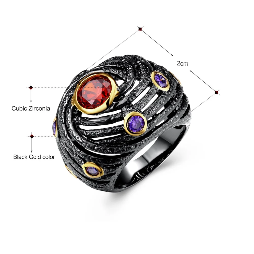 

DreamCarnival 1989 Unique Cocktail Ring Women Black Gold Color Hip Hop Party Jewelry Red Purple Zirconia DC1989 Anillos SR2281