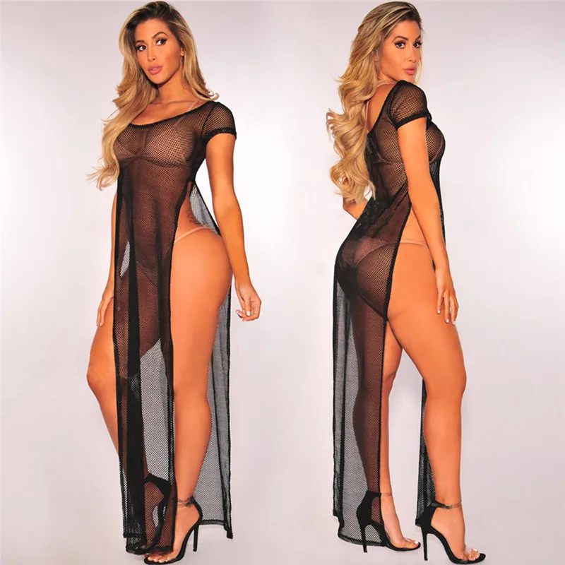 Sheer Mesh Summer Dress Sexy Beach Cover Up Short Sleeve High Slit See-through Women Bikini 2018 Swimsuit Cover-up Vestidos |