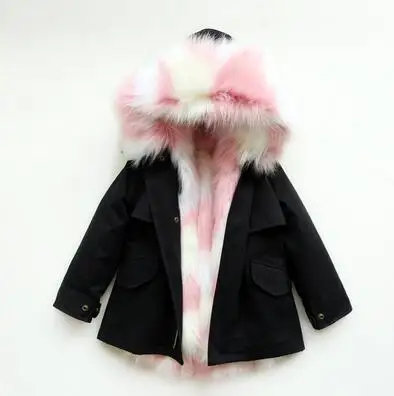 Black Pink Fur От 2 до 12 лет пальто с мехом для девочек; детские меховые куртки с капюшоном; сезон весна-осень; куртки для девочек и мальчиков; зимние парки; детский зимний комбинезон - Цвет: Black Pink Fur