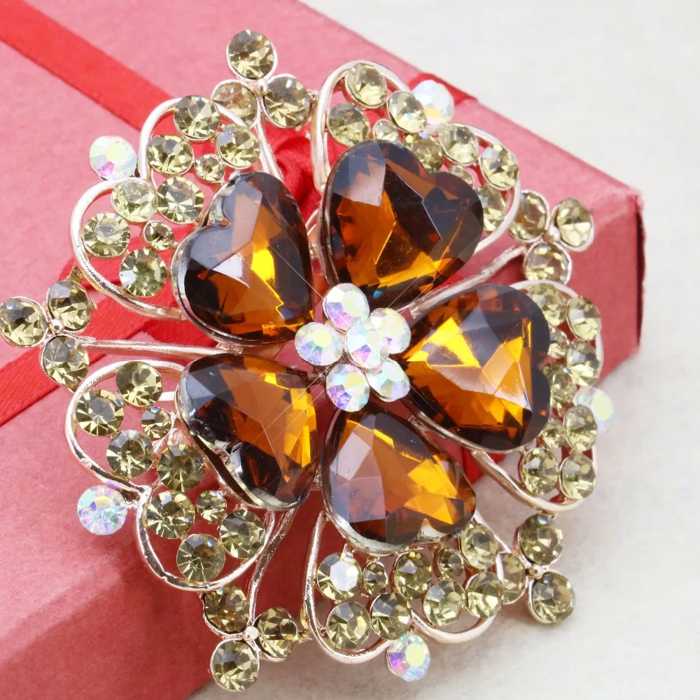 Золотая желтая кристаллическая брошь в виде сердца модные ювелирные стеклянные