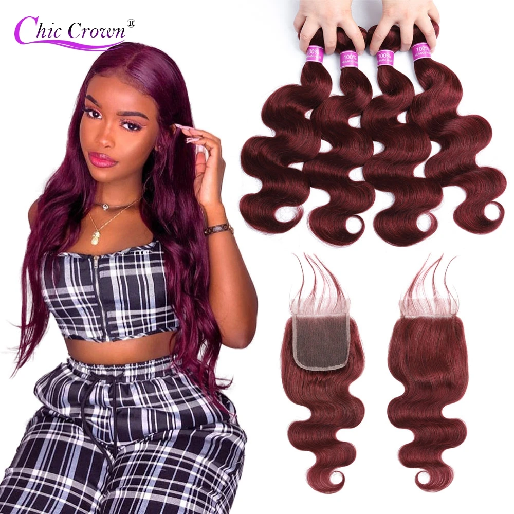 

Peruvian Hair Weave Body Wave Bundles With Closure 99J Red Burgundy Remy Human Hair Extension 4 Bundles With Closure