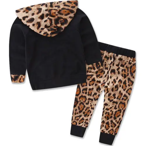 Hot Sale Autumn Winter 2PCS Kid Baby Girls Leopard Long Sleeve Hooded Sweatshirt Coat + Pants Set Outfit Clothes 0-24M | Детская одежда