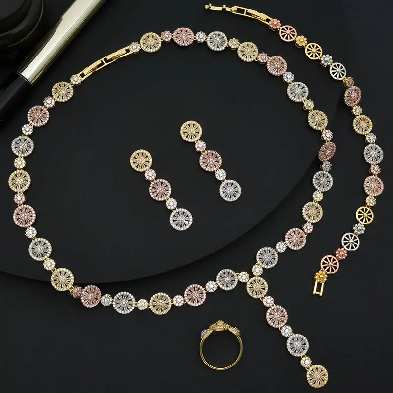 

ModemAngel Luxury Circular Flower Luxury Super AAA Cubic Zirconia 3Tone Women Wedding Bridal Necklace Bracelet Earring Ring Set