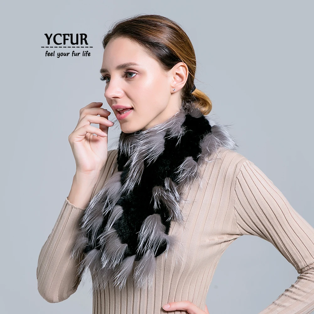 Женские шарфы YCFUR, шали, Зимний вязаный шарф из кроличьего меха Рекс, шарфы с отделкой из меха серебристой лисы, зимний теплый меховой шарф, женская накидка