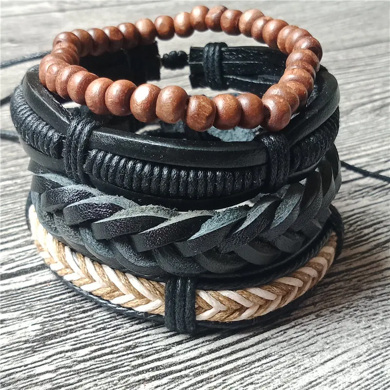 Модный мужской коричневый кожаный браслет ручной работы 4 шт./компл. мужские и