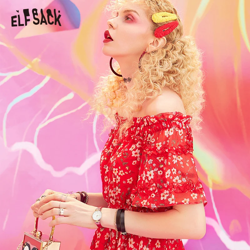 &quotЖенское шифоновое платье ELF SACK красное цветочное повседневный пляжный сарафан