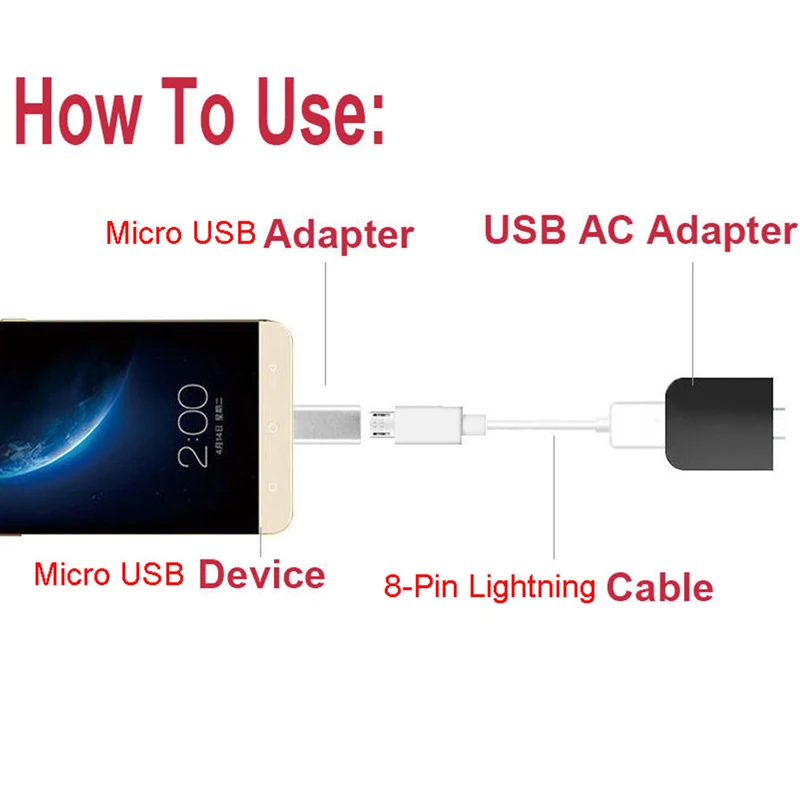 Белый 8-контактный переходник с внутренней резьбы на Micro USB для LG Xiaomi Huawei |