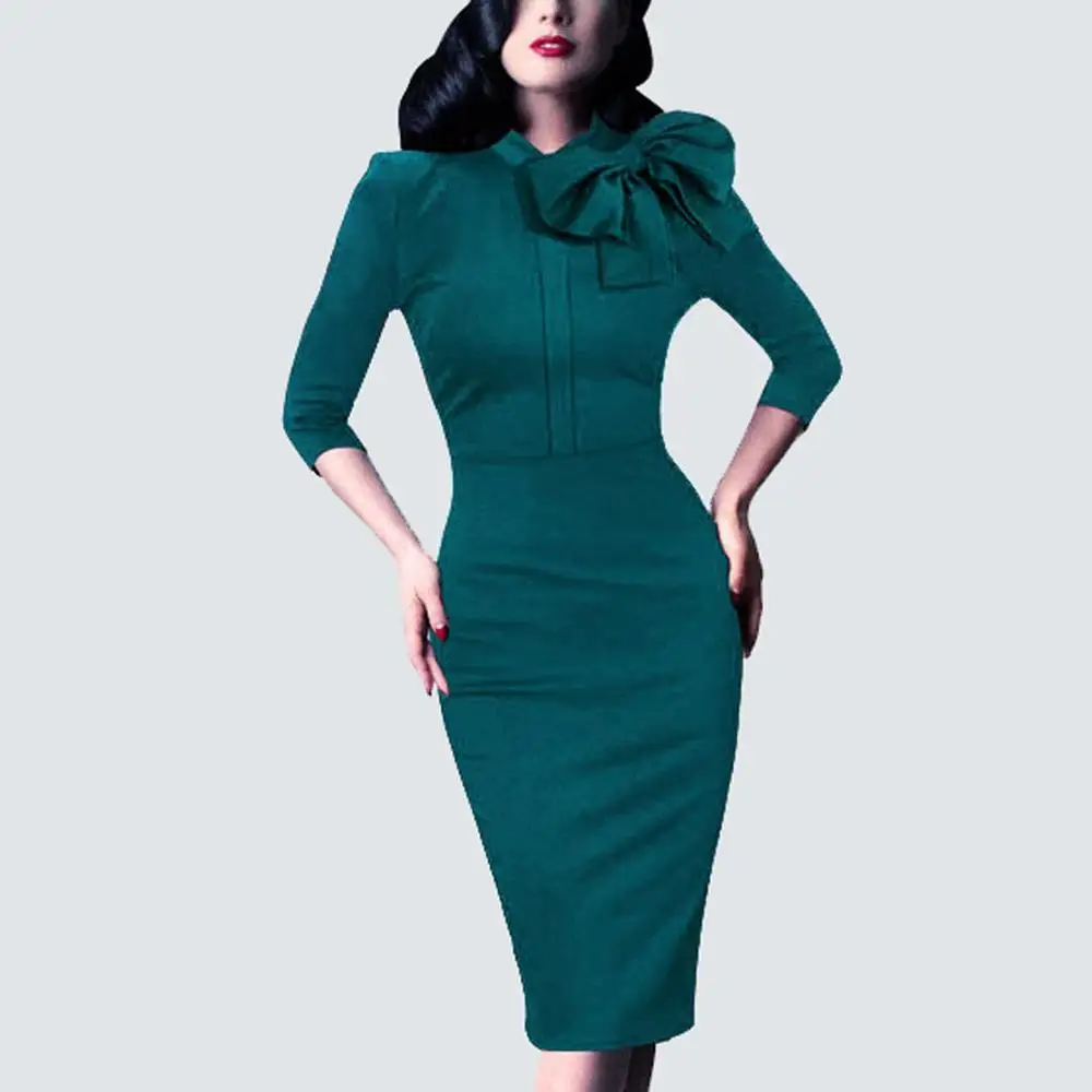 Turquoise Винтажное женское платье в стиле ретро с бантом, 50 s, рокабилли, Клубные, вечерние, для выпускного вечера, весенне-осеннее женское платье, Vestidos Femininos HB244 - Цвет: Turquoise