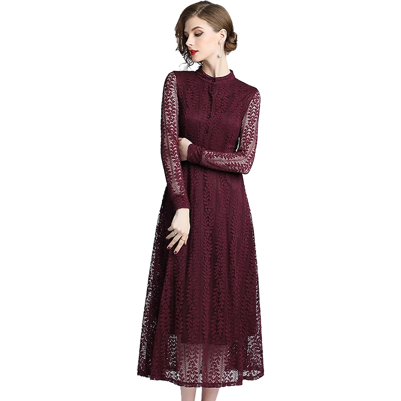 Женское кружевное платье Trytree однотонное темно красное офисное трапециевидной