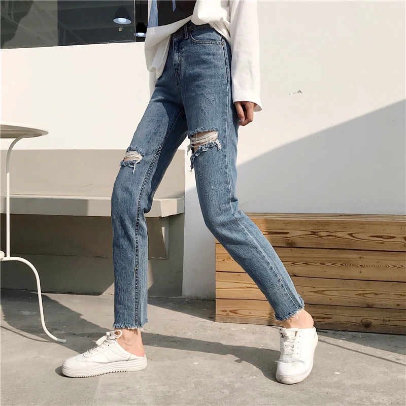 KYMAKUTU S-L Hole Jeans Women Denim Pencil Pants Natural Waist 2018 Summer New Casual All-match Female Pantalones Vaqueros Mujer |