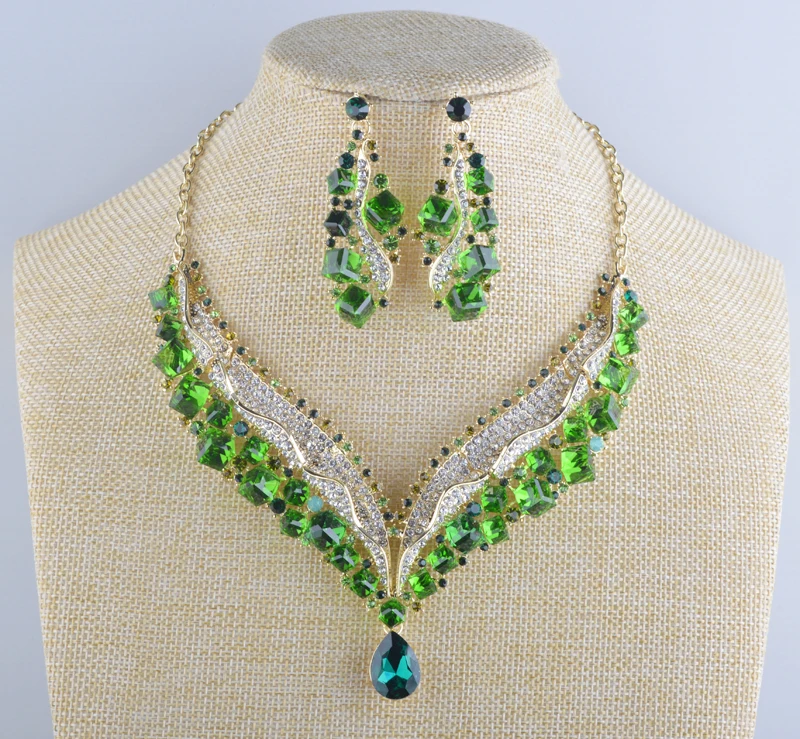 Свадебное ожерелье серьги наборы зеленый цвет чешский камень кристалл комплект