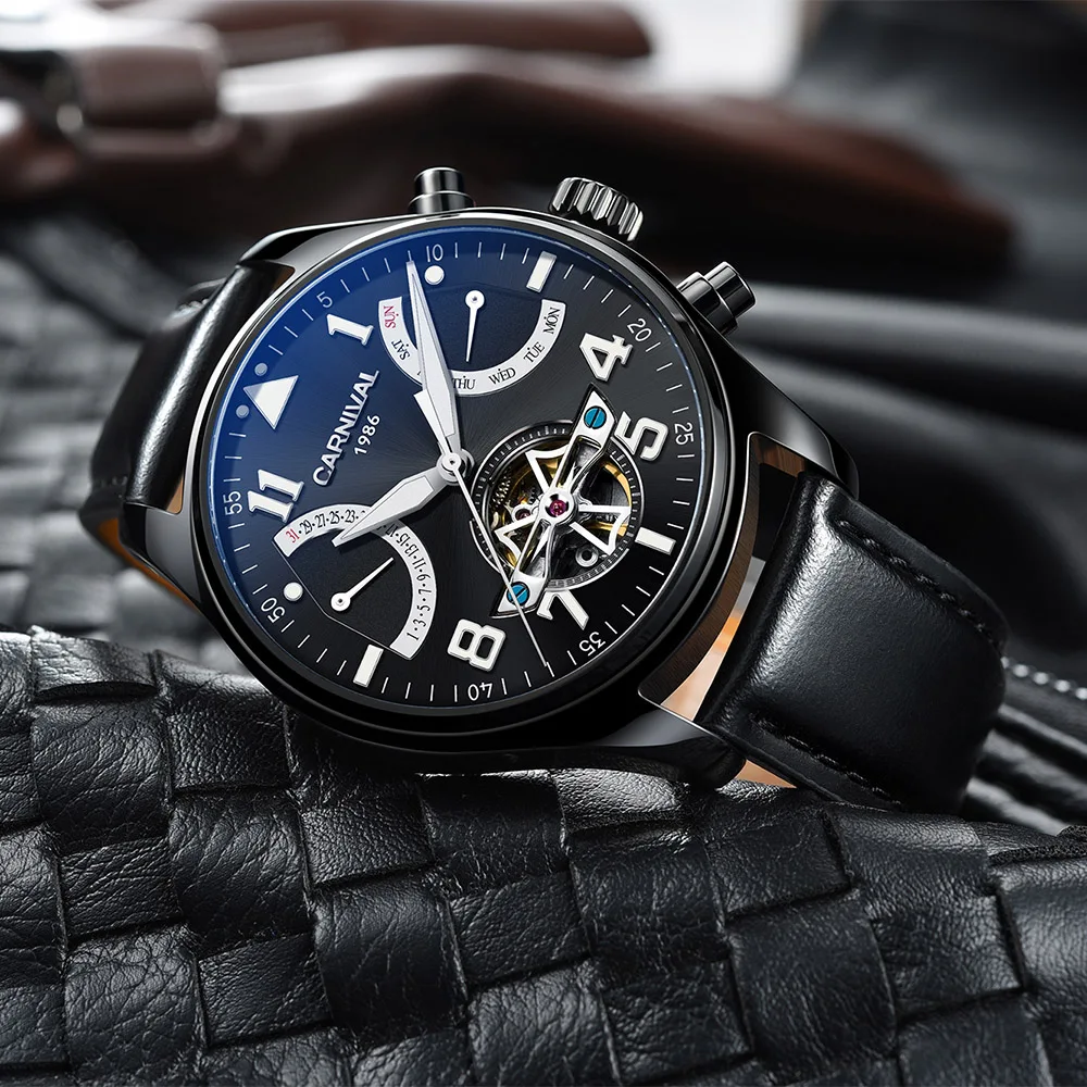 Часы мужские механические с турбийоном розовое золото синие циферблаты